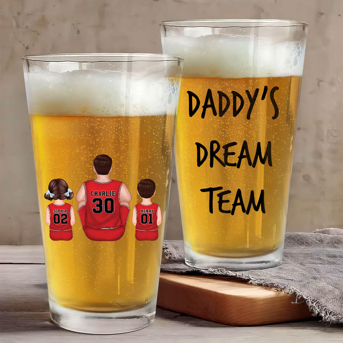 Daddy's Dream Team Basketball Personalized Beer Glass, Father's Day Gift for Dads