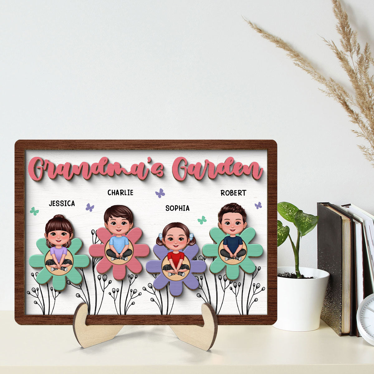Grandma Mom Garden Crossed Legs Colorful Flowers Personalized 2-layer Wooden Plaque
