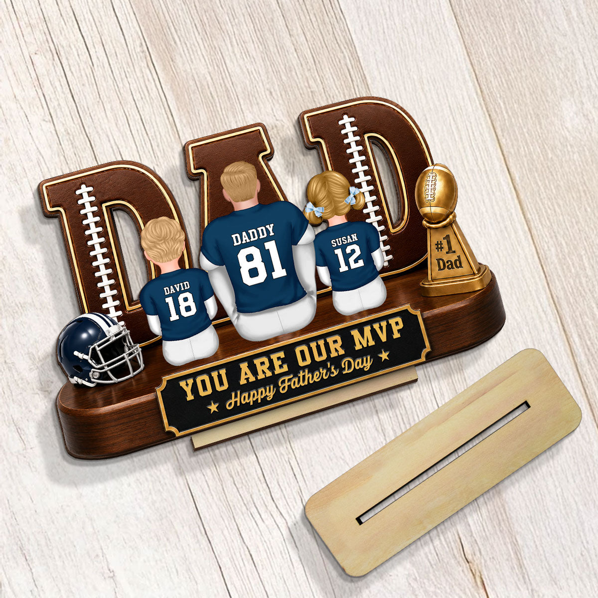 American Football Dad Legend Daddy's Dream Team - Personalized 2-Layered Wooden Plaque - Unique Trending Father's Day Gift For Dad, Husband, Football Fans