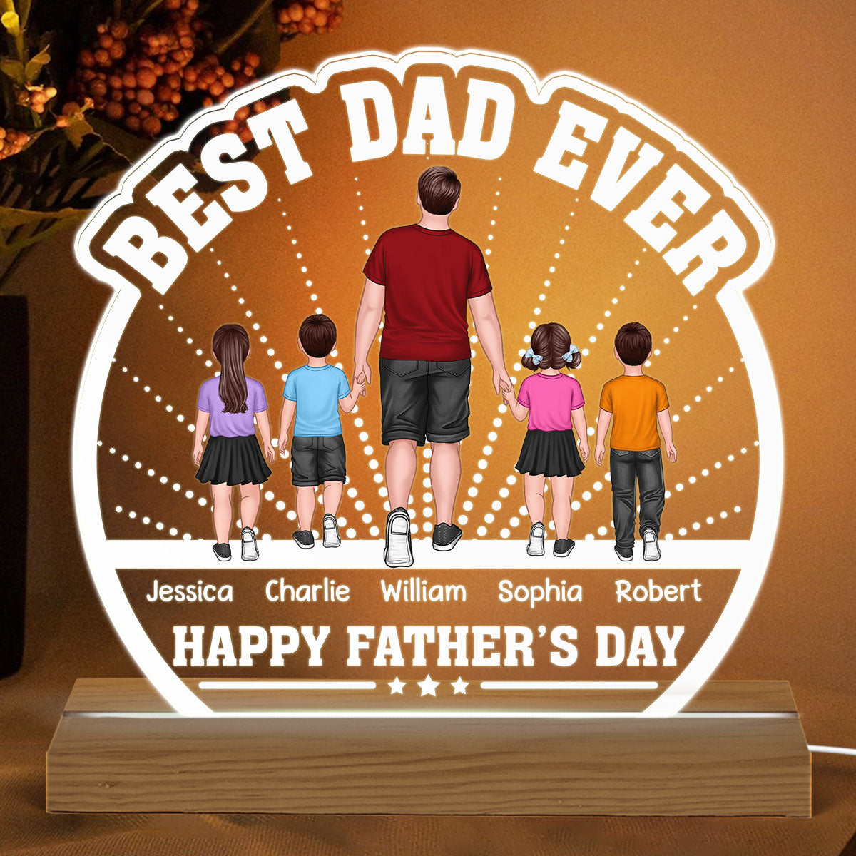 Best Dad Ever Back View Man Walking With Kids Dog Cat Personalized Custom Shaped Acrylic Plaque With Warm LED Night Light