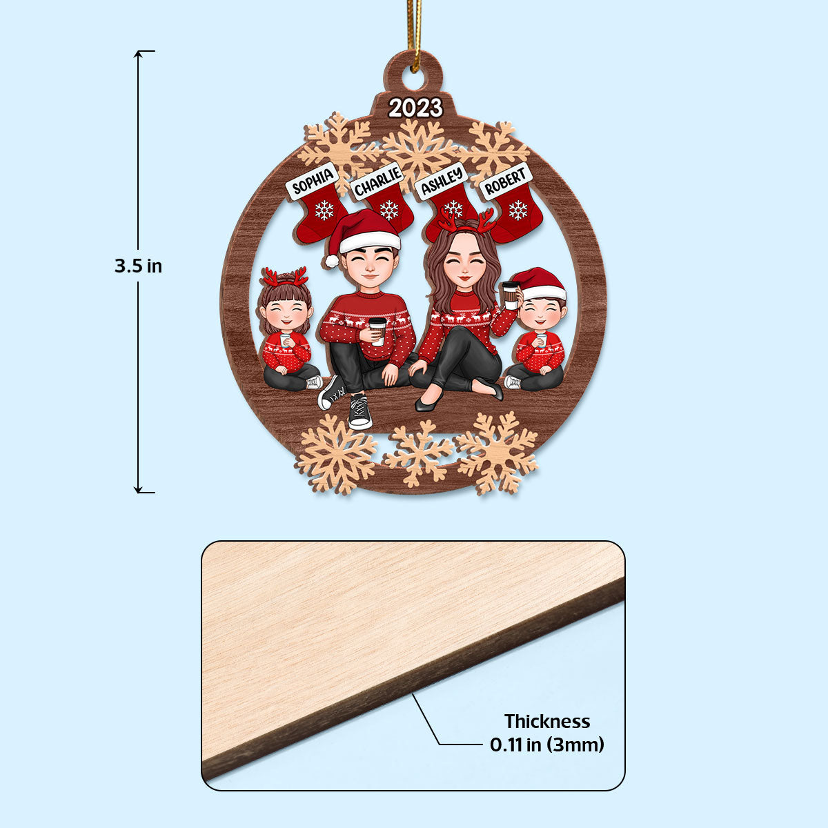 Doll Family Sitting Under Christmas Stocking Personalized Wooden Ornament