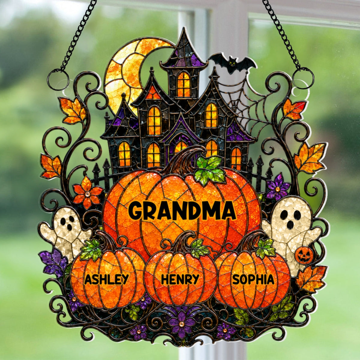 Whimsical Halloween Grandma's Little Pumpkins Haunted House - Personalized Acrylic Window Hanging - Halloween Decoration For Grandma