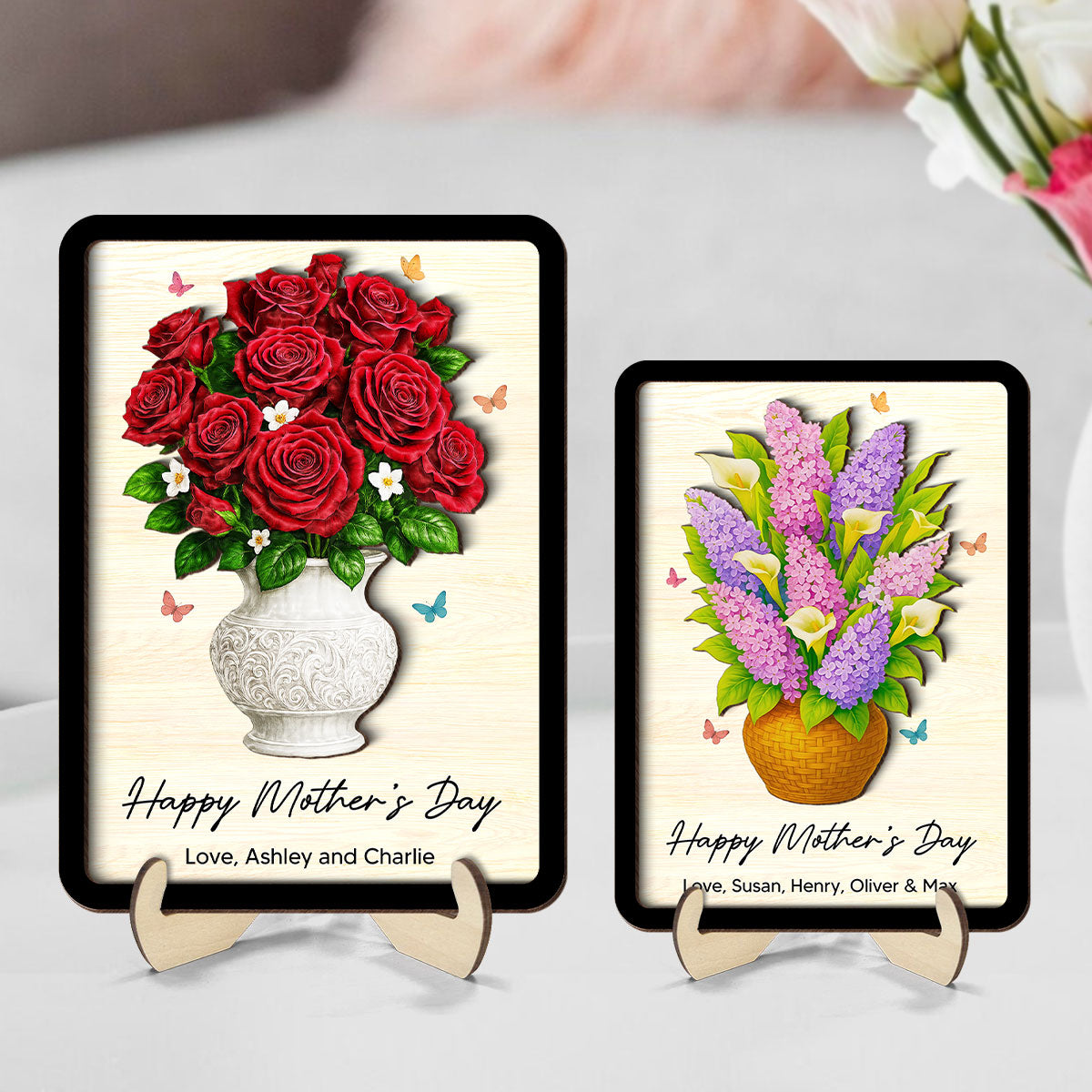 Flower Bouquet Personalized 2-Layer Wooden Plaque, Heartfelt 2025 Gift For Mom, For Grandma, For Wife