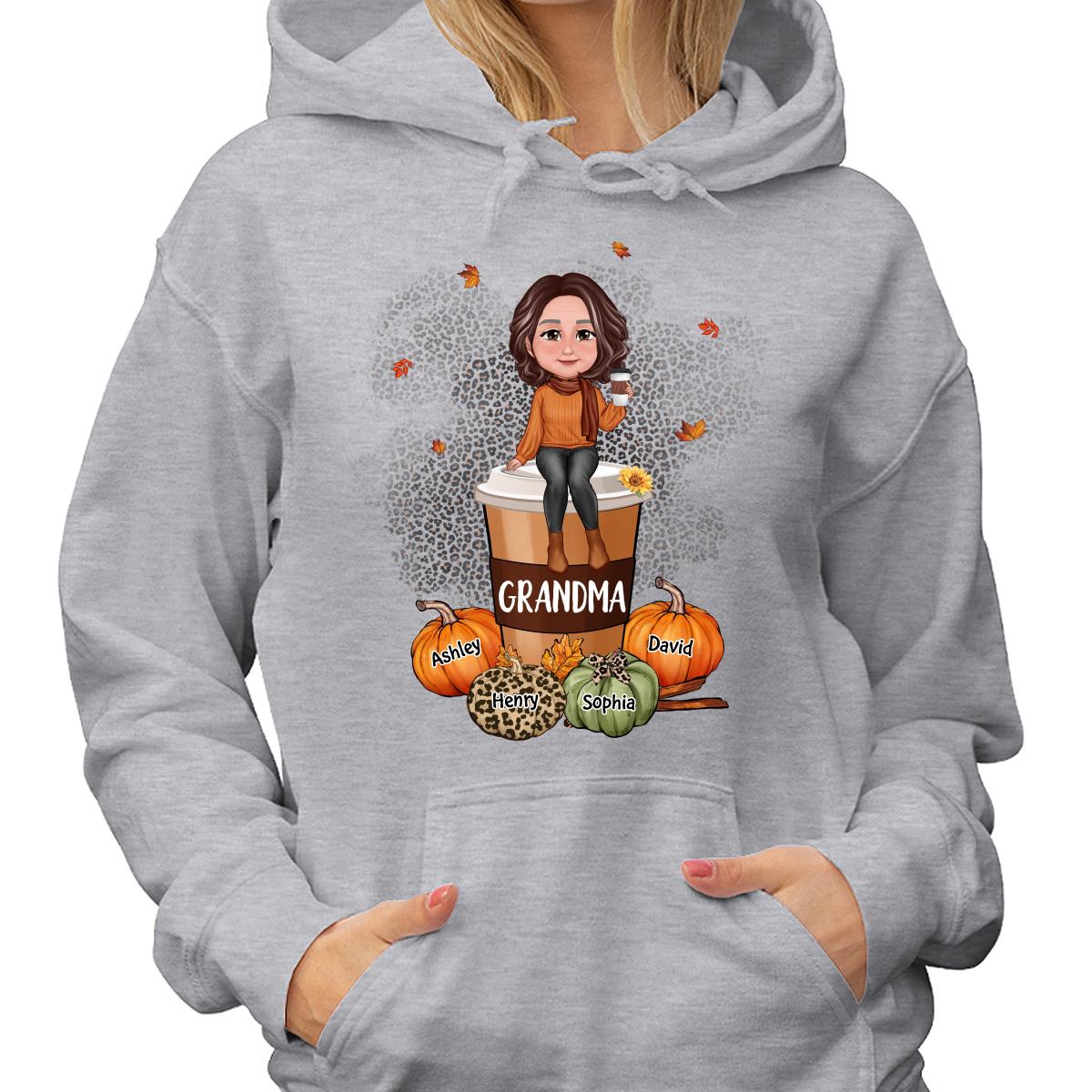 Grandma Mom Sitting On Pumpkin Spice Latte Personalized Shirt