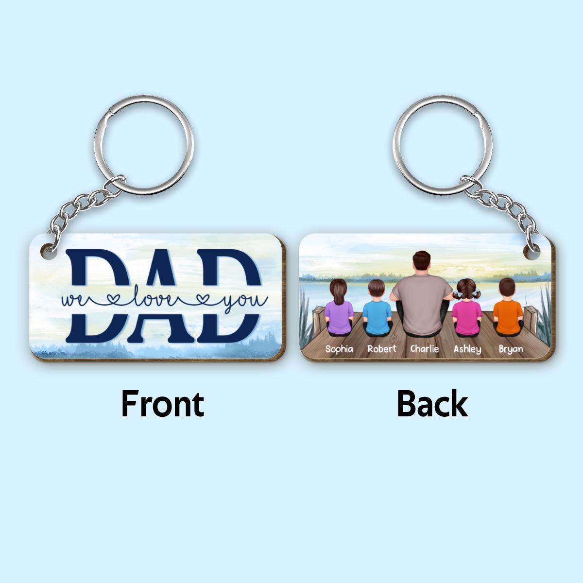 Dad And Kids Back View Lake Personalized Wooden Keychain