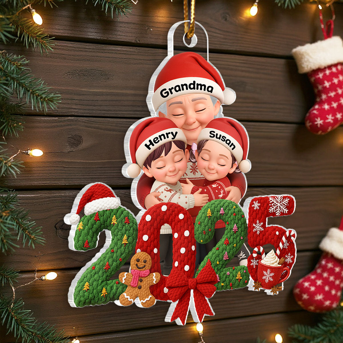 Grandma Hugging Grandkid 2025 Latch Hook Yarn Faux - Personalized Acrylic Ornament - Heartfelt Christmas Gift for Grandma, Grandkids