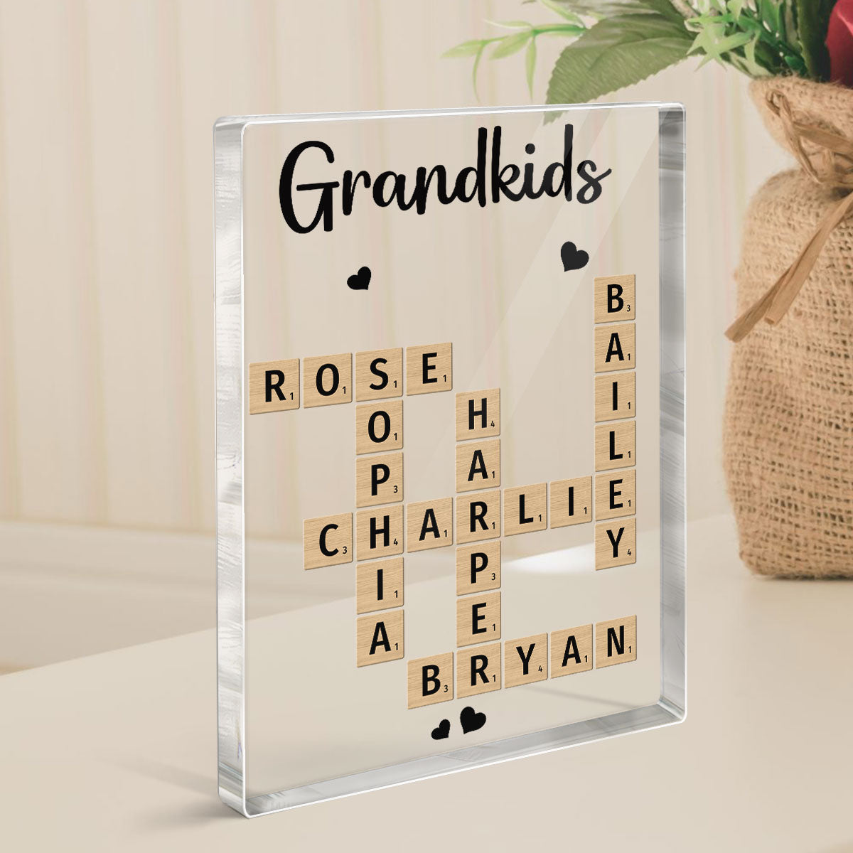 Grandkids Crossword Puzzle Art Personalized Acrylic Block Plaque, Gift For Grandma, Gift For Mom