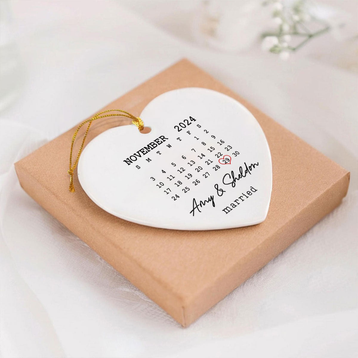 Couple Married Wedding Date Calendar Personalized Ceramic Heart Ornament, Wedding Gift,  Anniversary Gift, Our First Christmas, Newlywed Gift, Wedding Gift