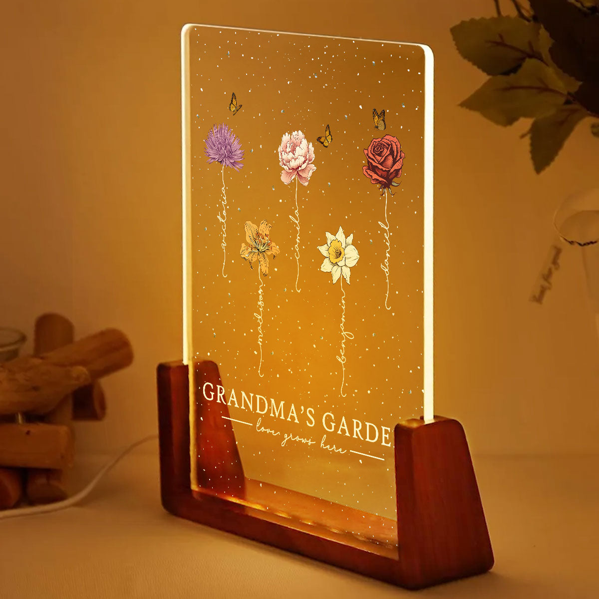Grandma's Garden Love Grows Here Birthmonth Flowers Personalized U-Base Acrylic LED Night Light, Grandkids Names Floral Gift