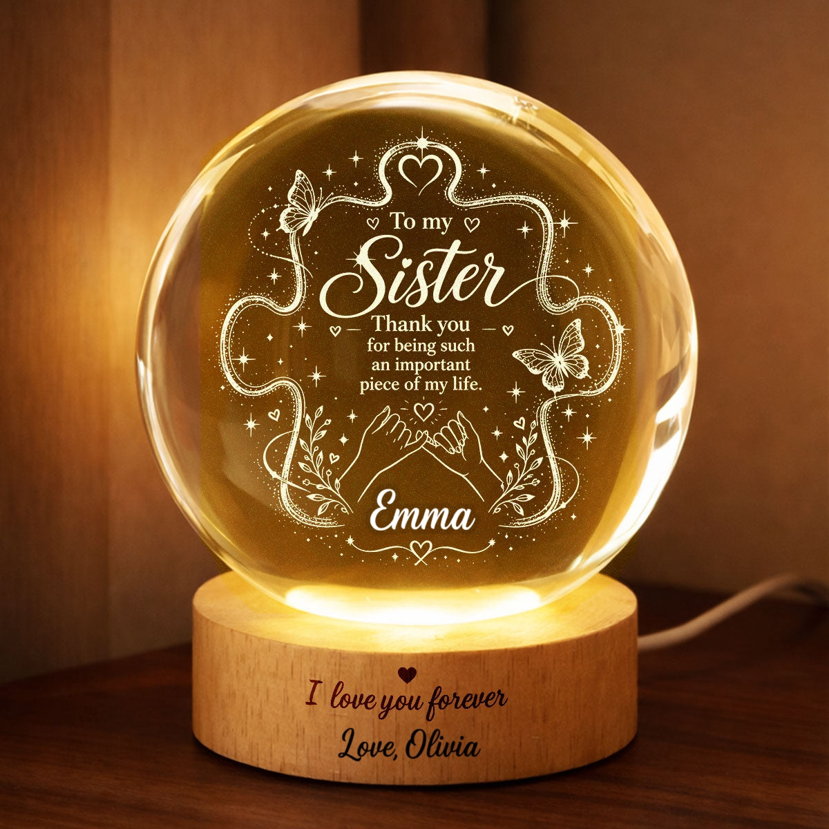 Sister Thank You for Beng an Important Piece - Personalized Crystal Ball LED Night Light - Christmas Gift for Sisters, Siblings
