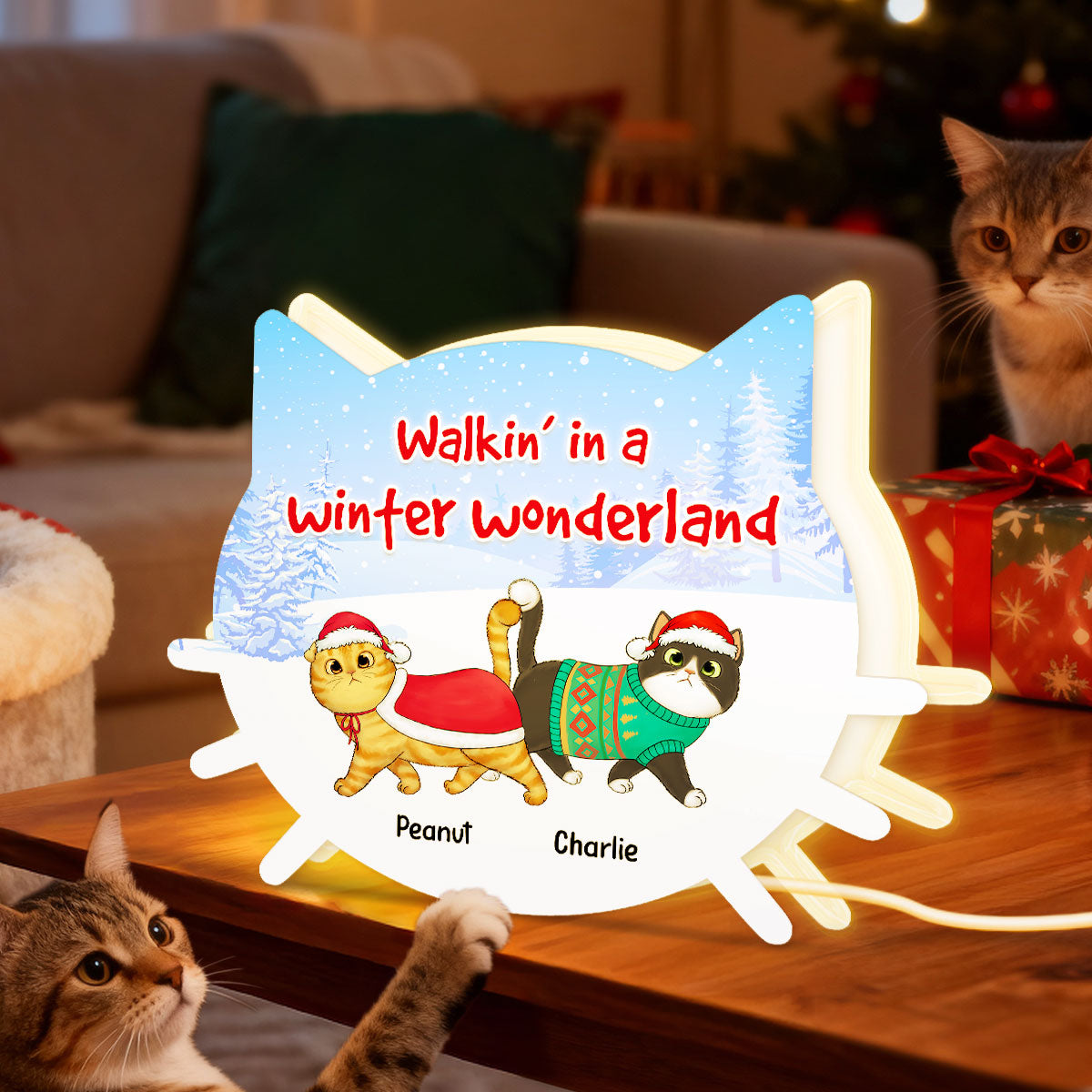 Walkin' In Winter Wonderland Fluffy Cats - Personalized Light Box - Gift For Cat Lovers, Christmas Decoration