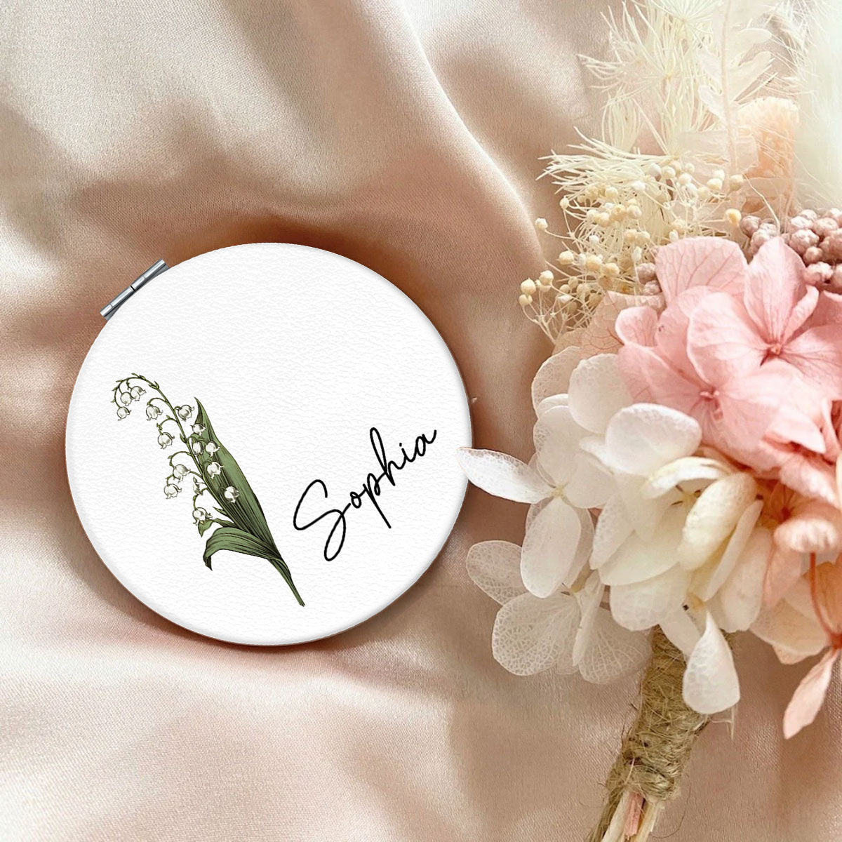 Beautiful Birth Month Flower Personalized Circle Compact Mirror, Birthday Gift
