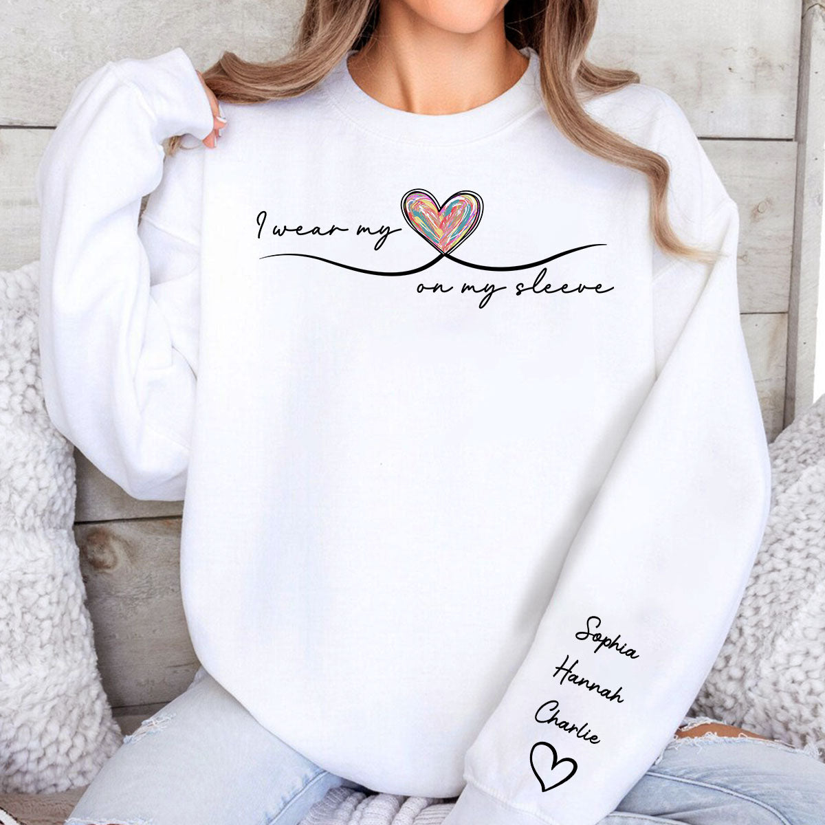 Grandma Wears Her Heart On Her Sleeve, Colorful Heart, Gift For Grandma And Mom, Personalized Sleeve Printed Sweatshirt