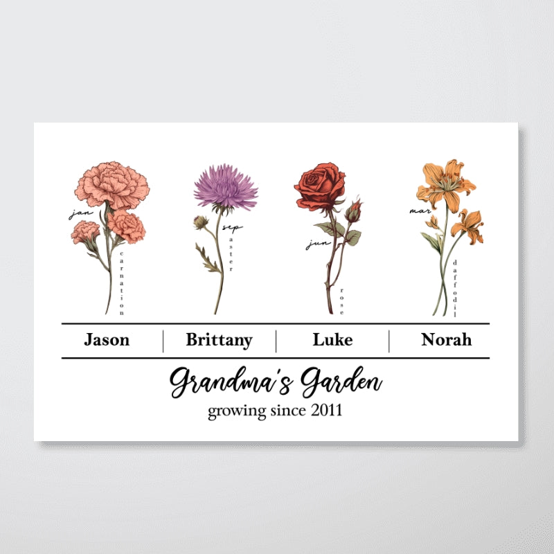 Vintage Birth Month Flowers Grandma‘s Garden With Kids Names Flowers Names Personalized Horizontal Poster