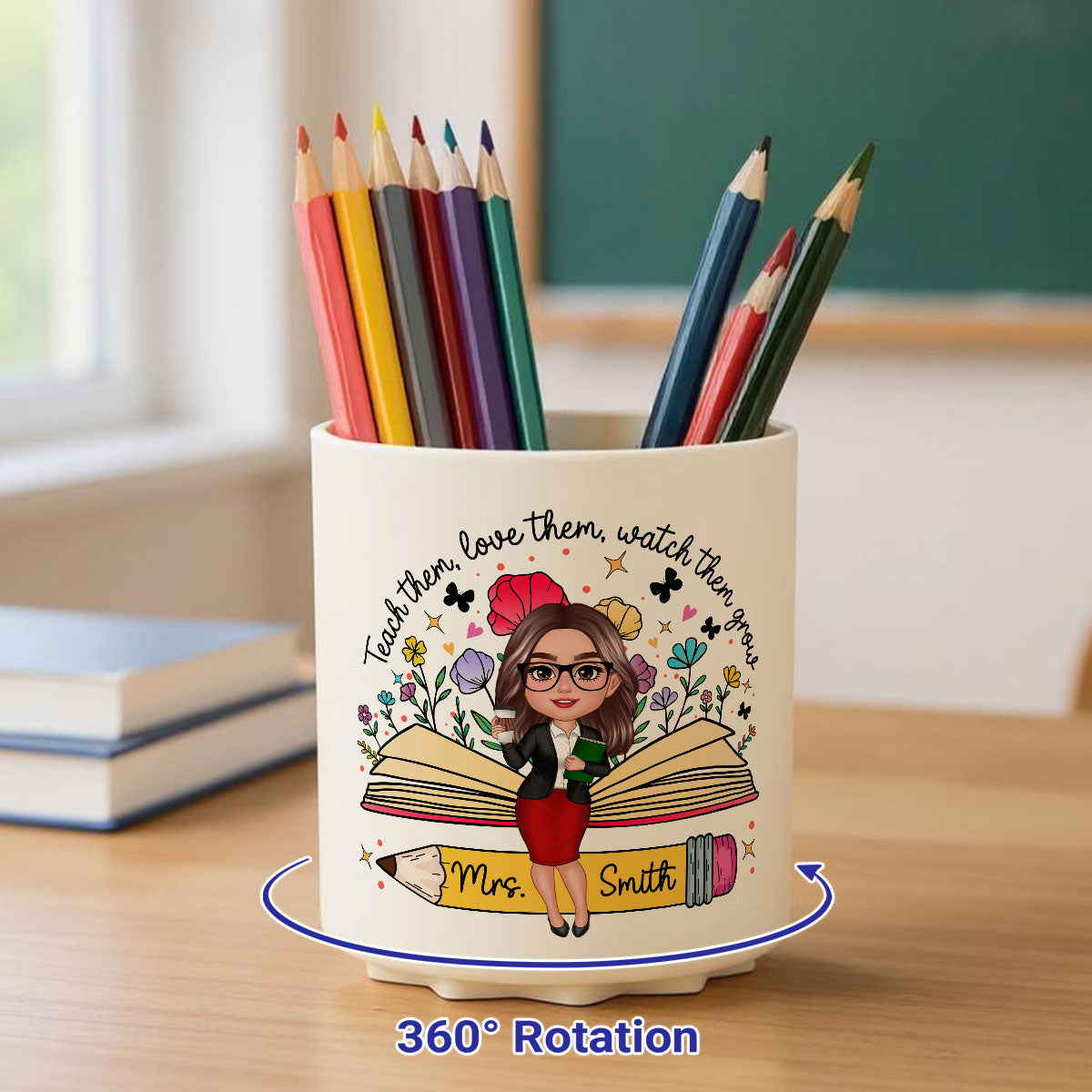 Teacher Teach Them Love Them Watch Them Grow Wildflowers Personalized Rotating Pen Holder