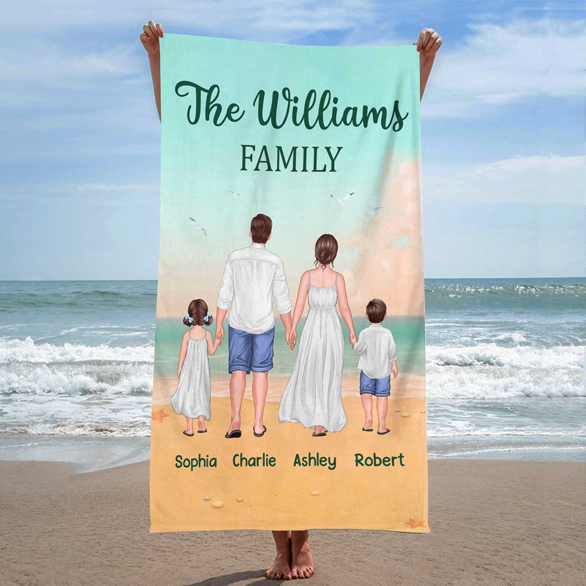 Summer Family Walking Back View Personalized Vertical Beach Towel
