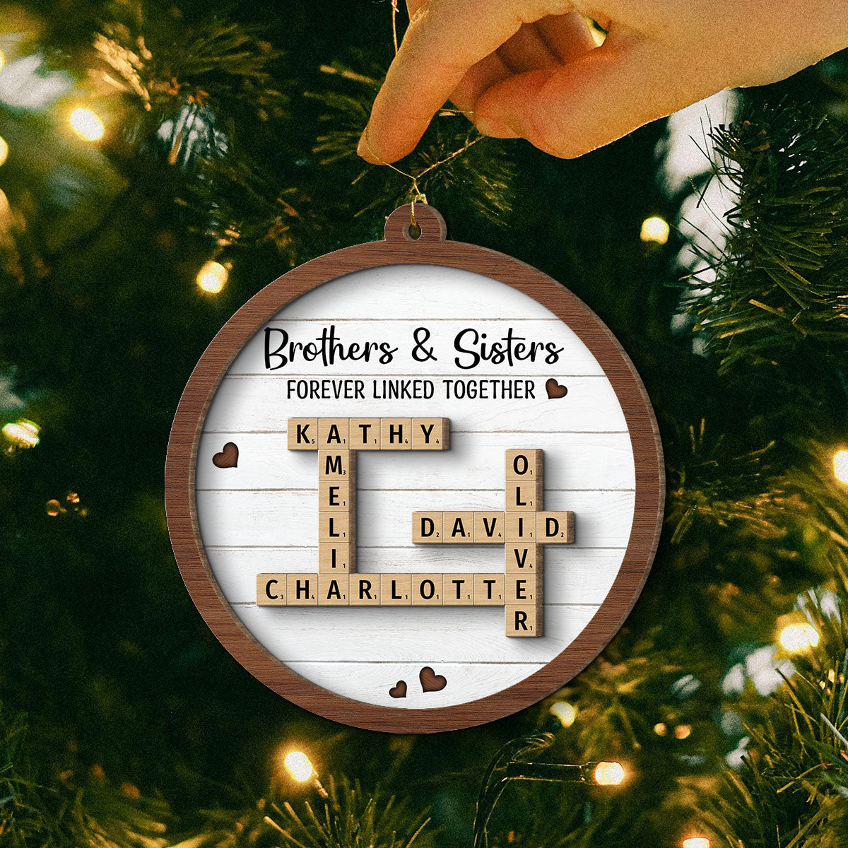 Brothers & Sisters Forever Linked Together Crossword Puzzle Art Personalized 2-Layer Wooden Ornament, Gift For Brothers, Sisters, Siblings, Family