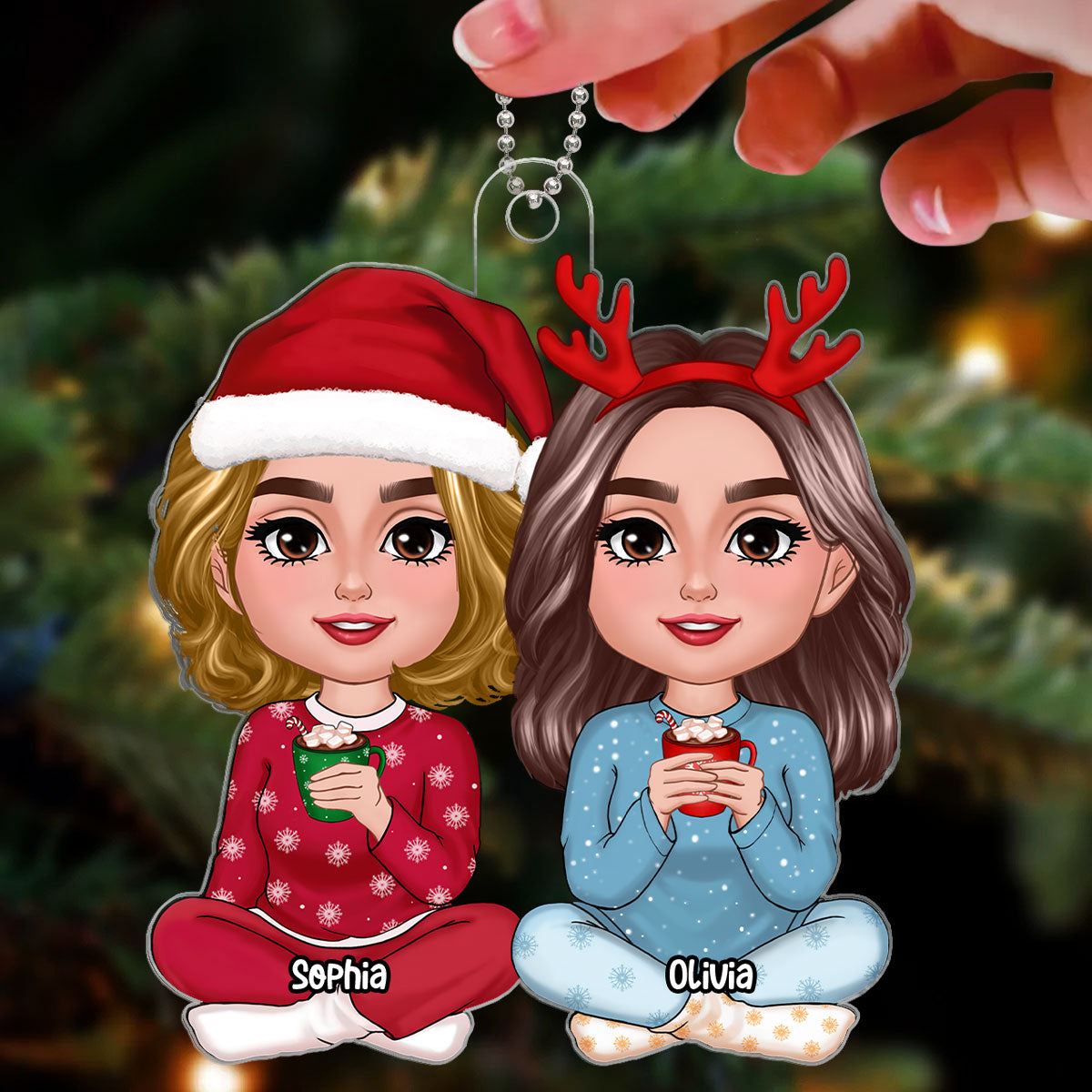 Christmas Doll Besties Sisters Sitting Together Personalized Acrylic Ornament