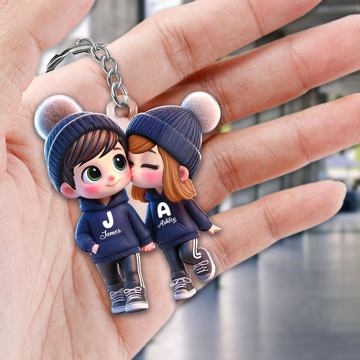 3D Effect Cute Cartoon Couple Walking - Personalized Acrylic Keychain - Unique Valentine's Day Gift For Him, Gift For Her