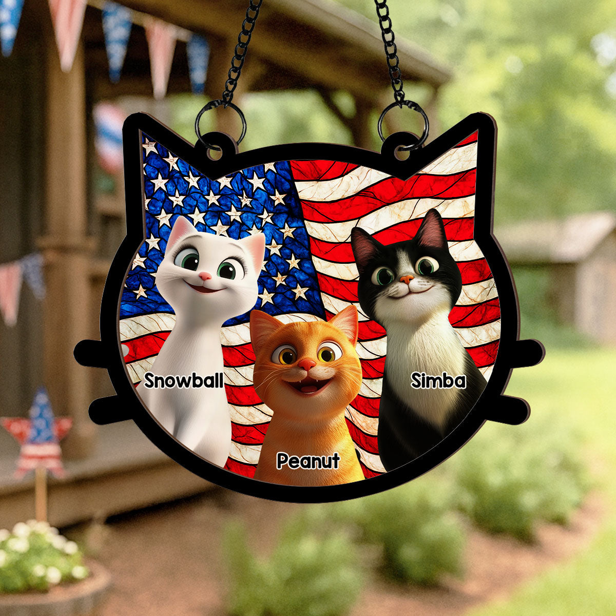 Cat Face Shape Nation Flag Personalized Suncatcher, 4th Of July Decoration