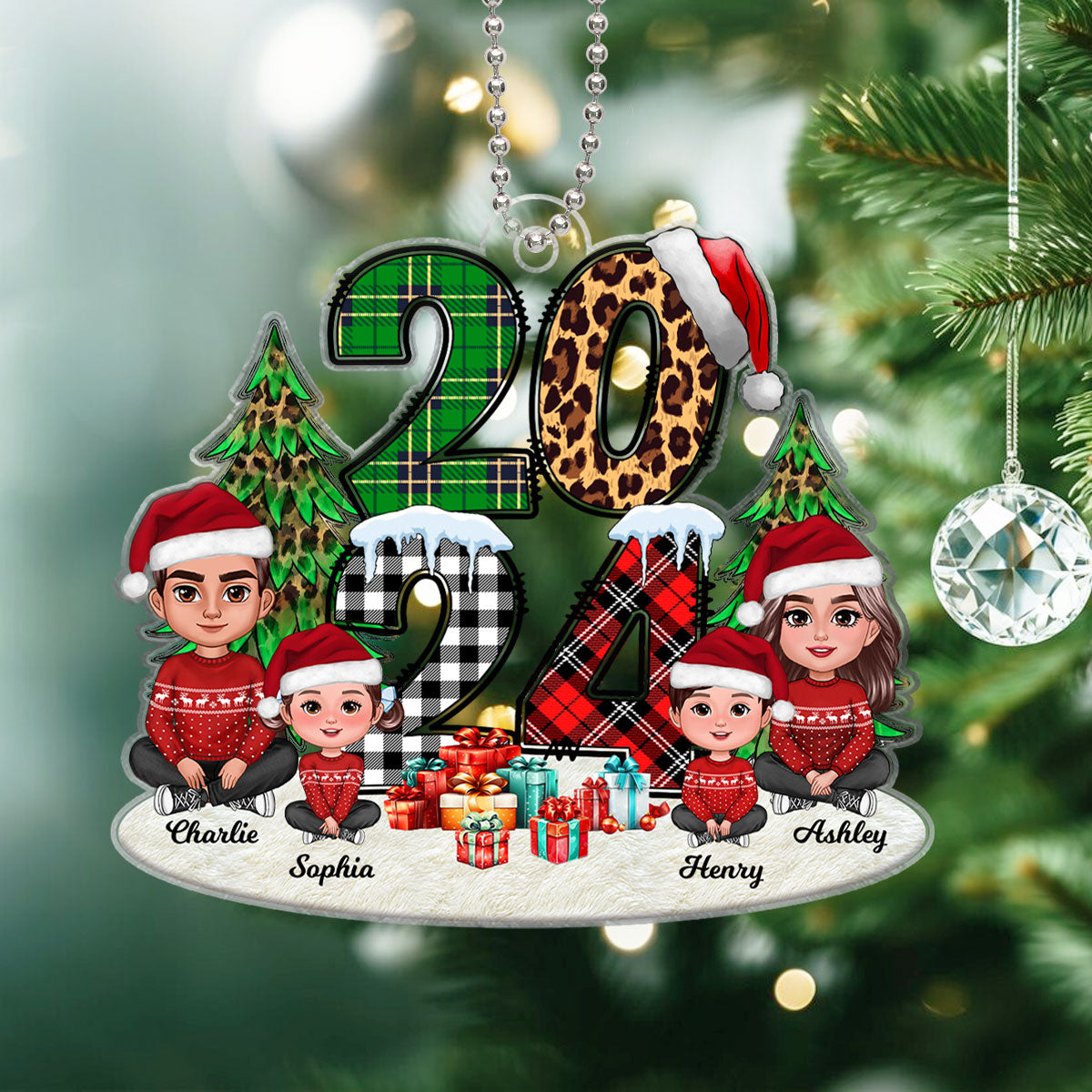 Christmas Family Sitting 2024 Stacked Pattern - Personalized Acrylic Ornament