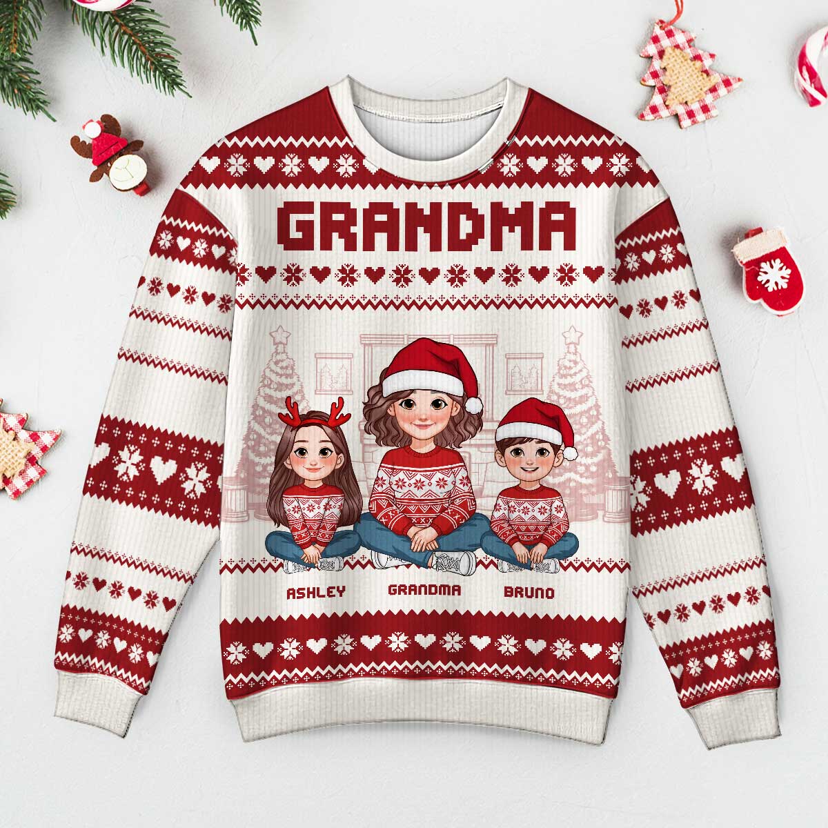 Animated Grandma Grandkids Christmas Personalized Faux Knitting Ugly Sweater
