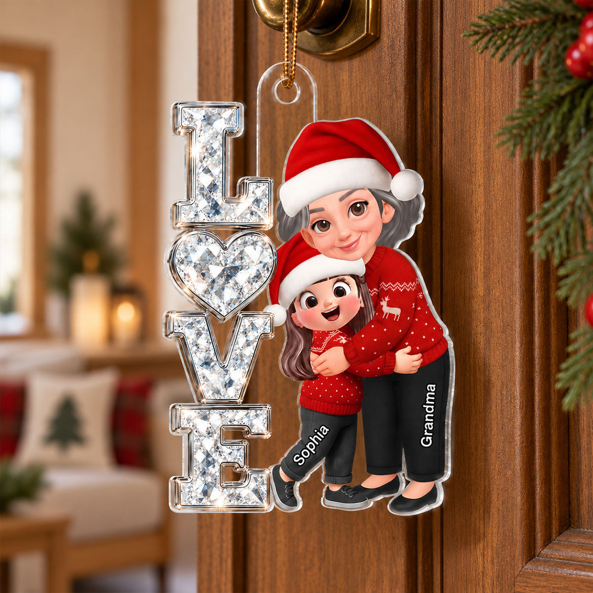 Grandma Hugging Grandkid LOVE Sparkle 2D Flat - Personalized Acrylic Ornament - Christmas Gift For Grandma, Granddaughter, Grandson