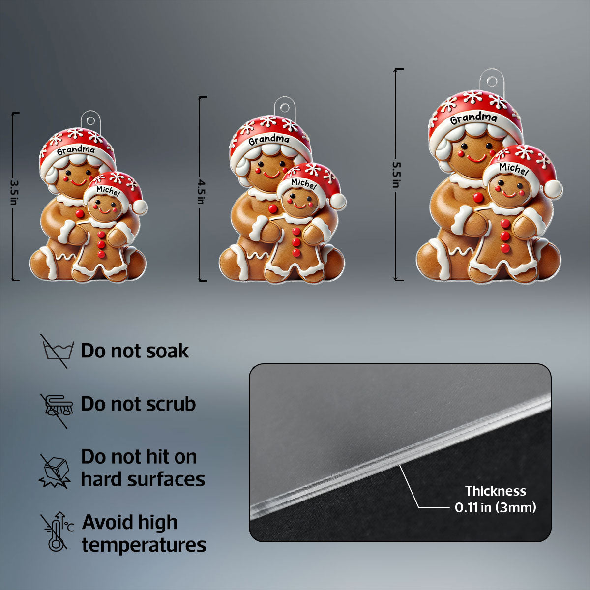 3D Effect Gingerbread Grandma Hugging Grandkid Christmas Personalized Acrylic Ornament, Gift For Granddaughter, Grandson