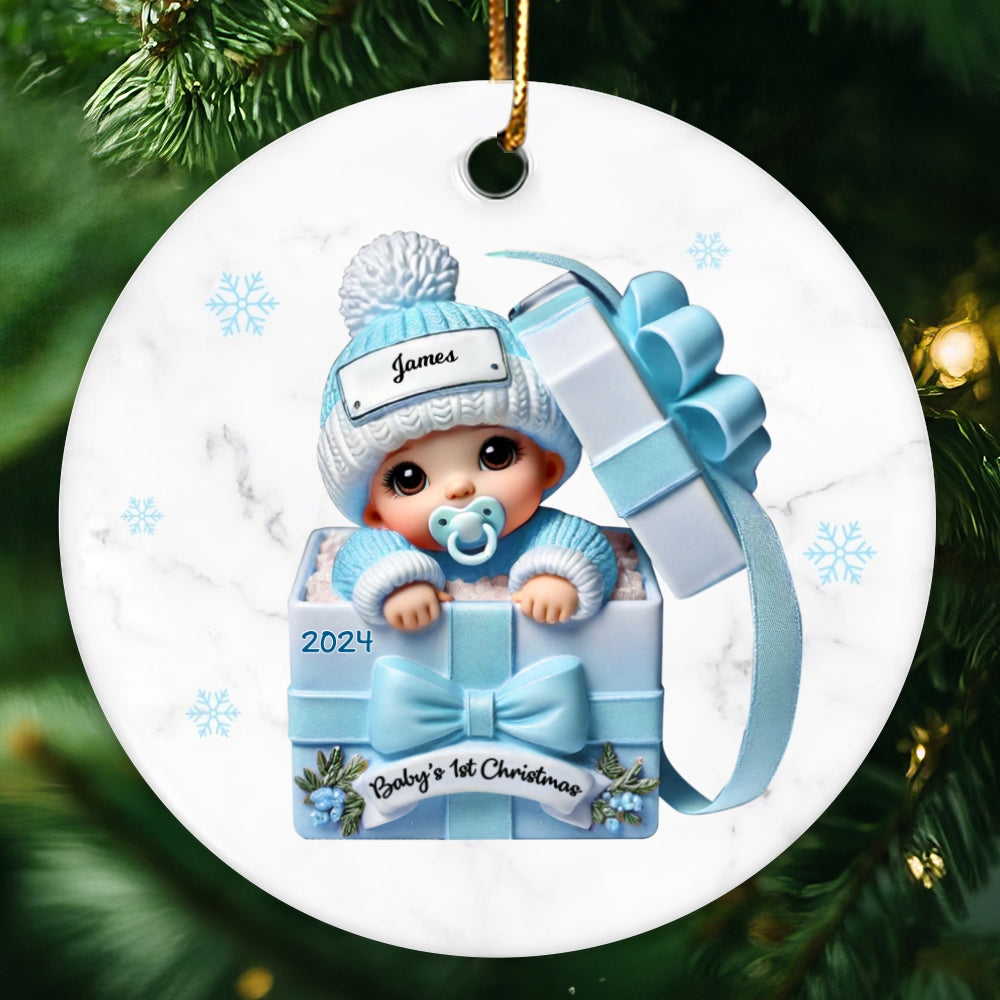 Baby Inside Gift Box Personalized Ceramic Ornament, Baby First Christmas Keepsake