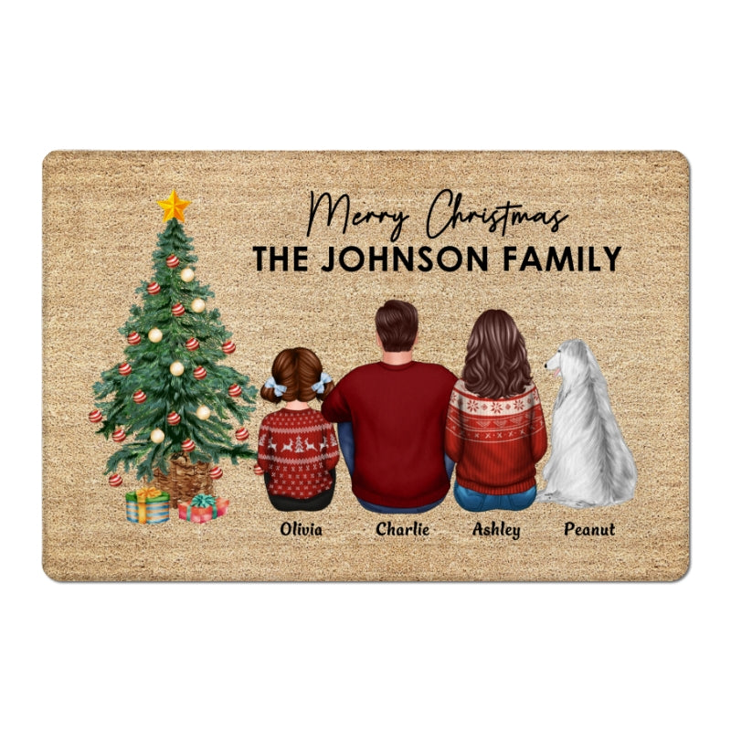 Family Christmas Family Back View Couple Kid Dog Cat Personalized Doormat
