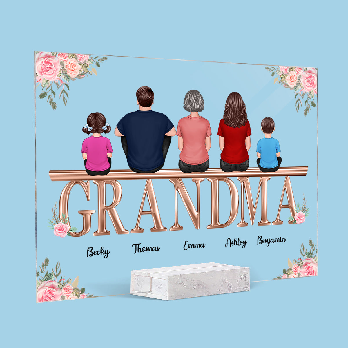 Floral Back View Grandma Grandkids Sitting On Words Personalized Acrylic Plaque
