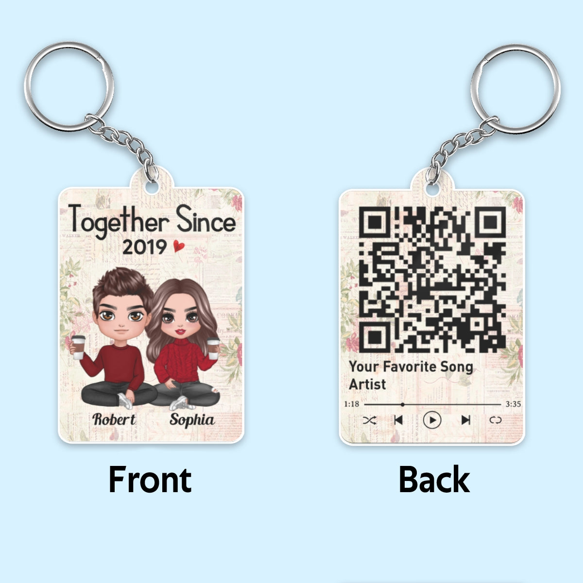 Floral Paper Doll Couple Sitting Together Since Favorite Song Scannable QR Code Personalized Acrylic Keychain