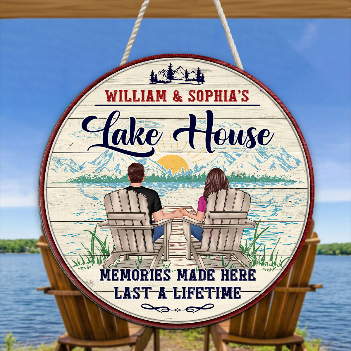 Memories Made Lake House Couple Sitting Personalized Wood Sign
