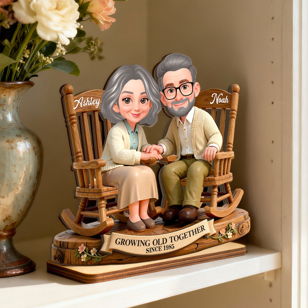 Eternal Love Couple On Rocking Chairs Growing Old Together - Personalized 2-Layer Wooden Plaque - Heartfelt Valentine's Day, Anniversary Gift For Couple, Gift For Him, For Her