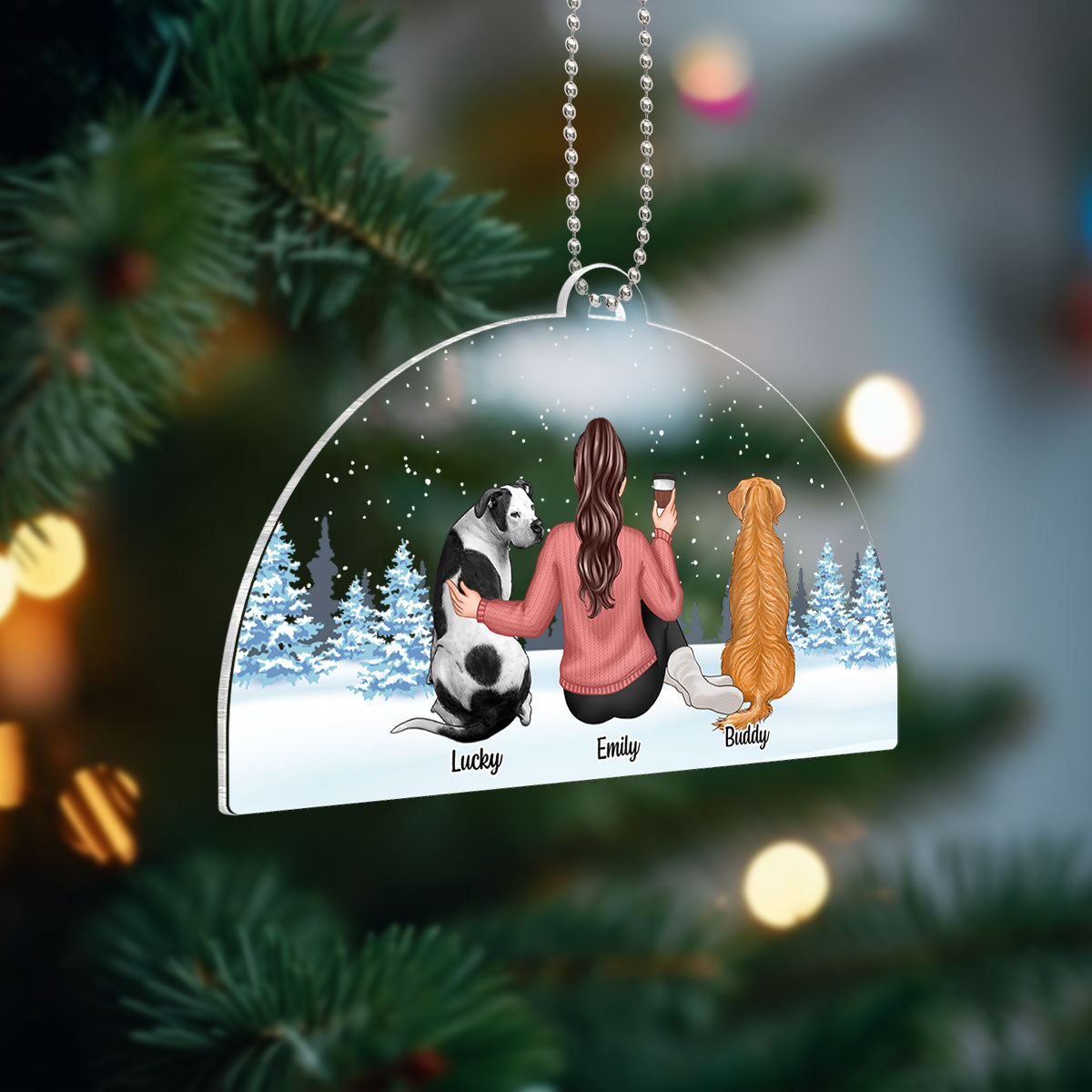 Woman And Dogs Sitting Back View Personalized Acrylic Ornament, Christmas Gift For Dog Mom