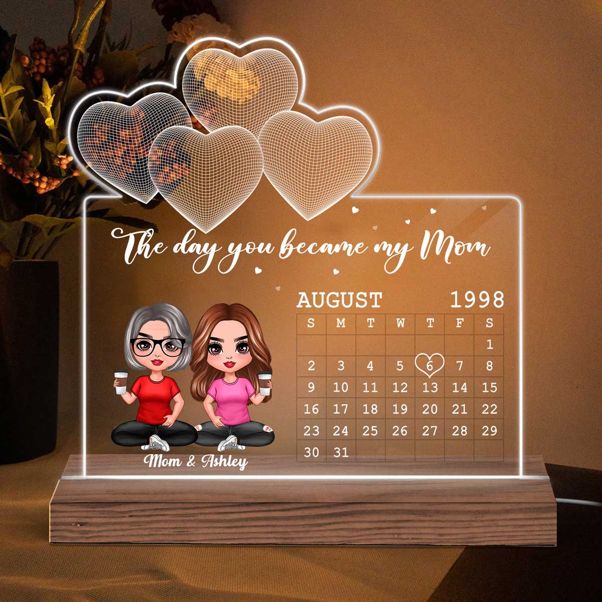 Sitting Doll Mother Daughter Under 3D Heart Personalized Custom Shape LED Night Light