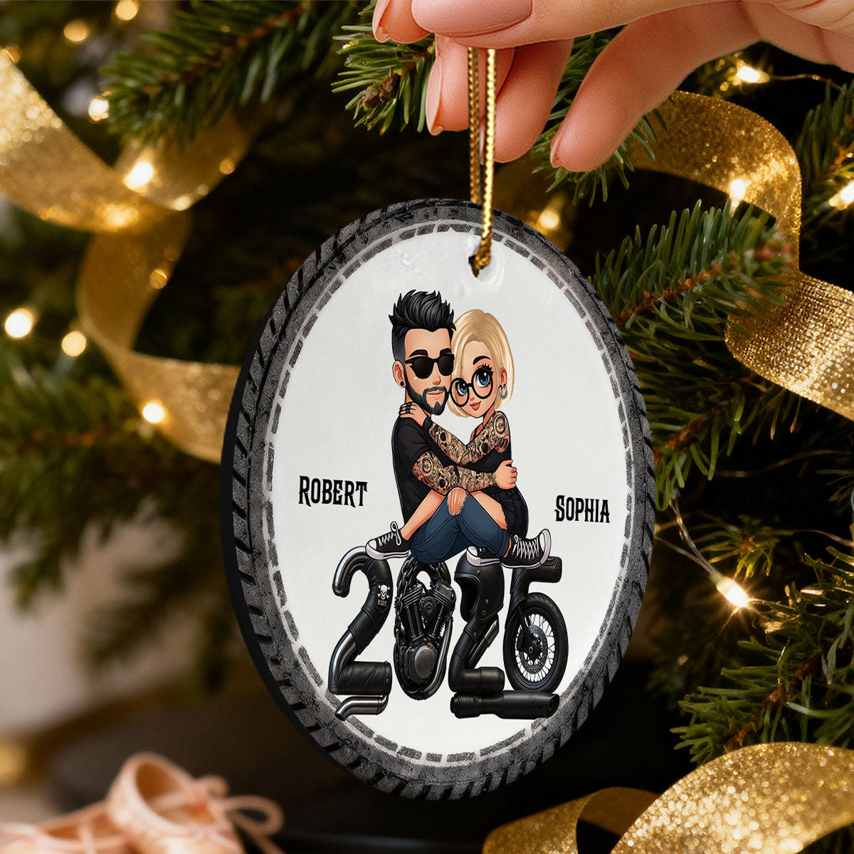 3D Effect Biker Couple Christmas - Personalized Ceramic Ornament - Gift For Bikers, Gift For Him, For Her