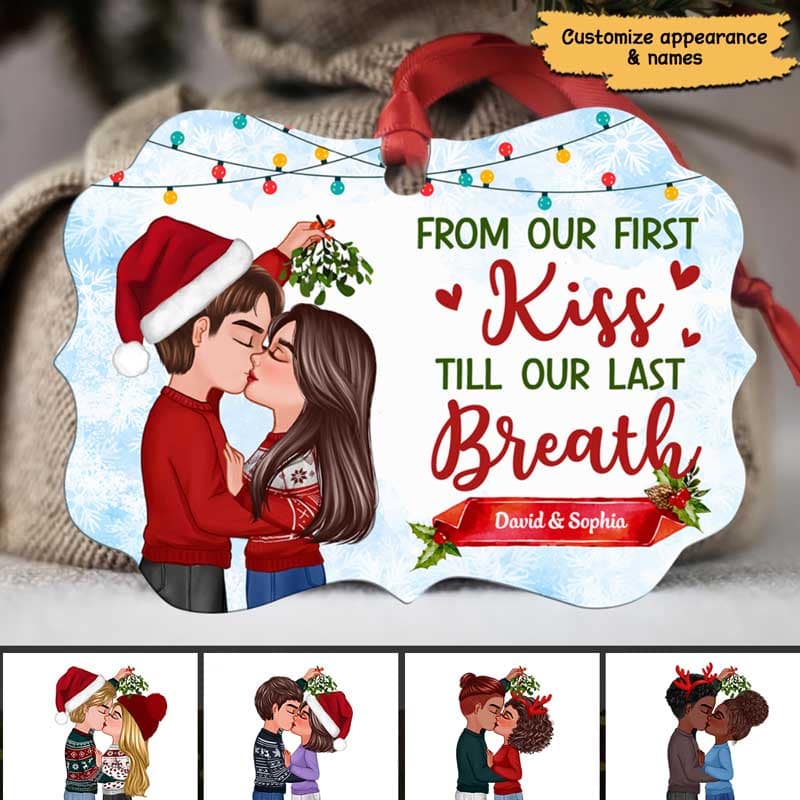Doll Couple Kissing Under Mistletoe Personalized Christmas Ornament
