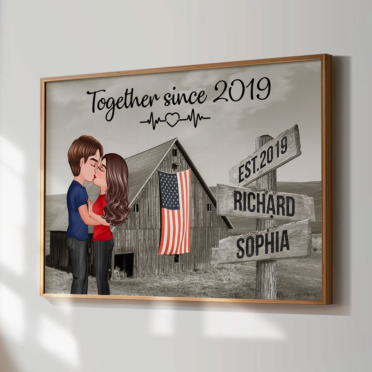 Retro Barn American Flag Thin Blue Line Hero Couple Personalized Poster, Anniversary  Gift For Him, Her, Husband, Wife, Proud Occupation