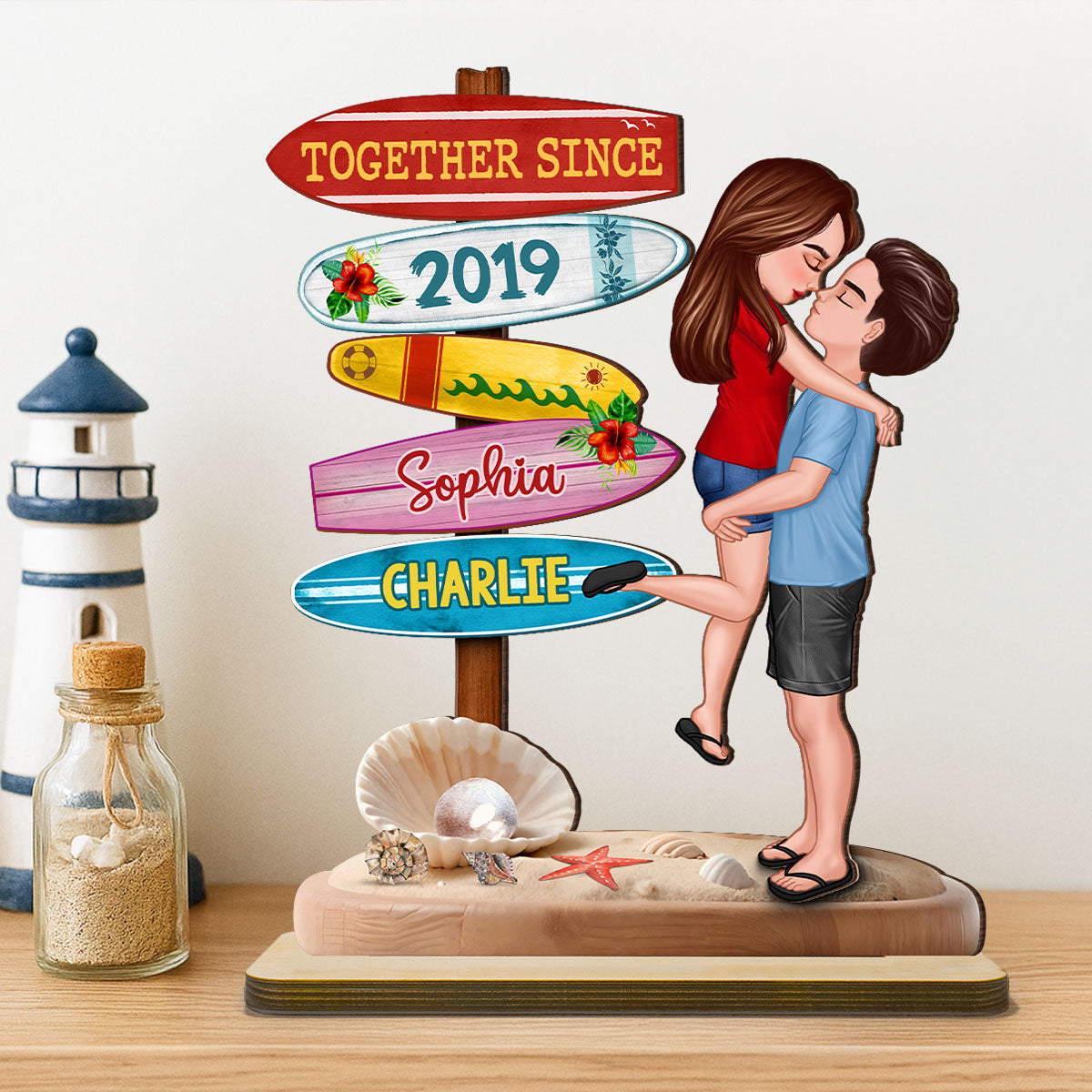 Couple Hugging Kissing Beach Sign Summer Vacation Personalized Standing Wooden Plaque