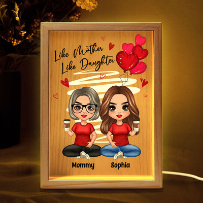Red Hearts Like Mother Like Daughters Doll Mom And Daughters Sitting Personalized Wooden Frame Light Box