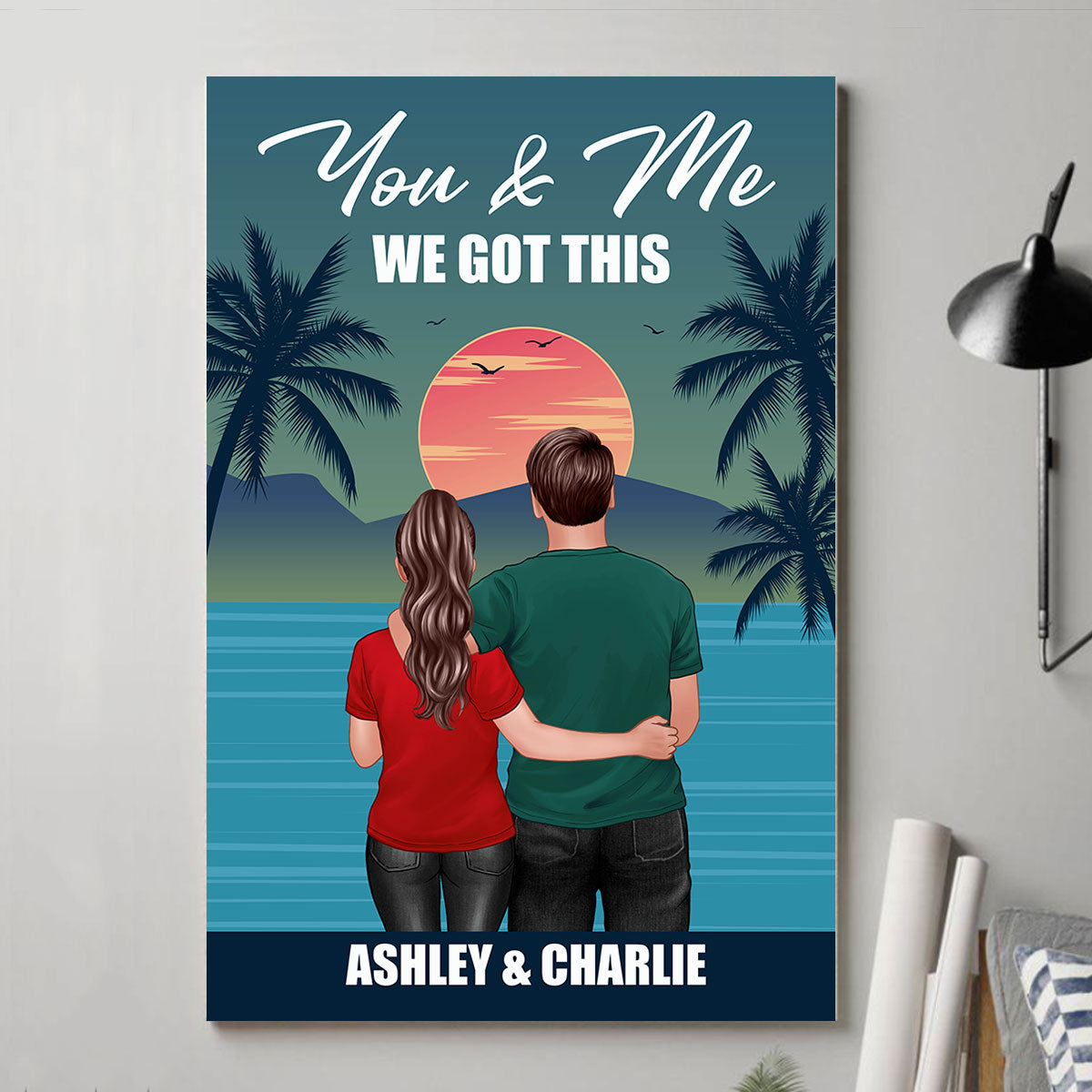 Back View Couple Standing Hugging Retro Summer Personalized Vertical Poster