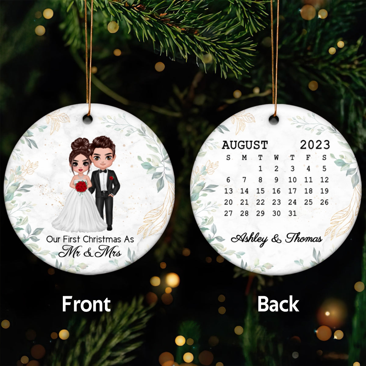 First Christmas Couple Green Leaves Wedding Engaged Anniversary Date Calendar Personalized Double Sided Circle Ornament