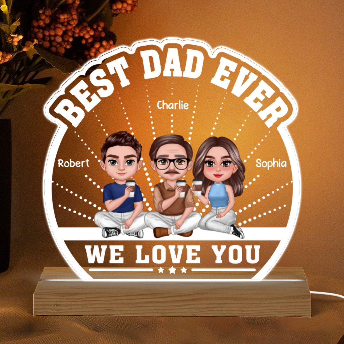 Best Dad Ever Dad Doll Man & Children Personalized Custom Shaped Acrylic Plaque With Warm LED Night Light