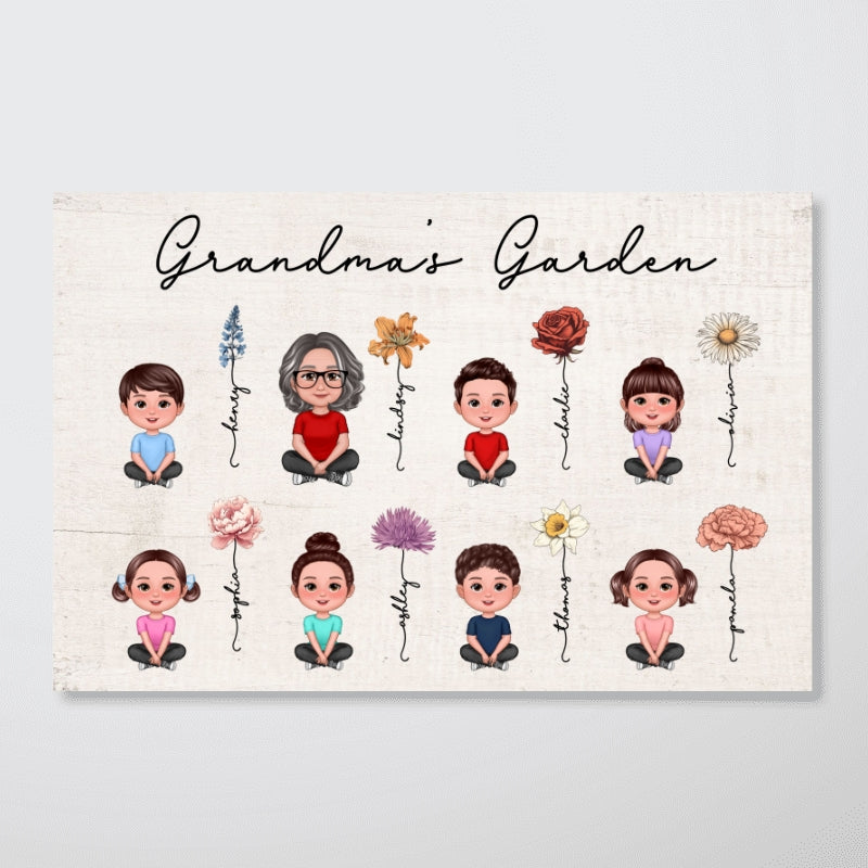 Grandma Grandkids Sitting Crossed Legs Garden Vintage Birth Month Flowers Mother‘s Day Gift Personalized Horizontal Poster