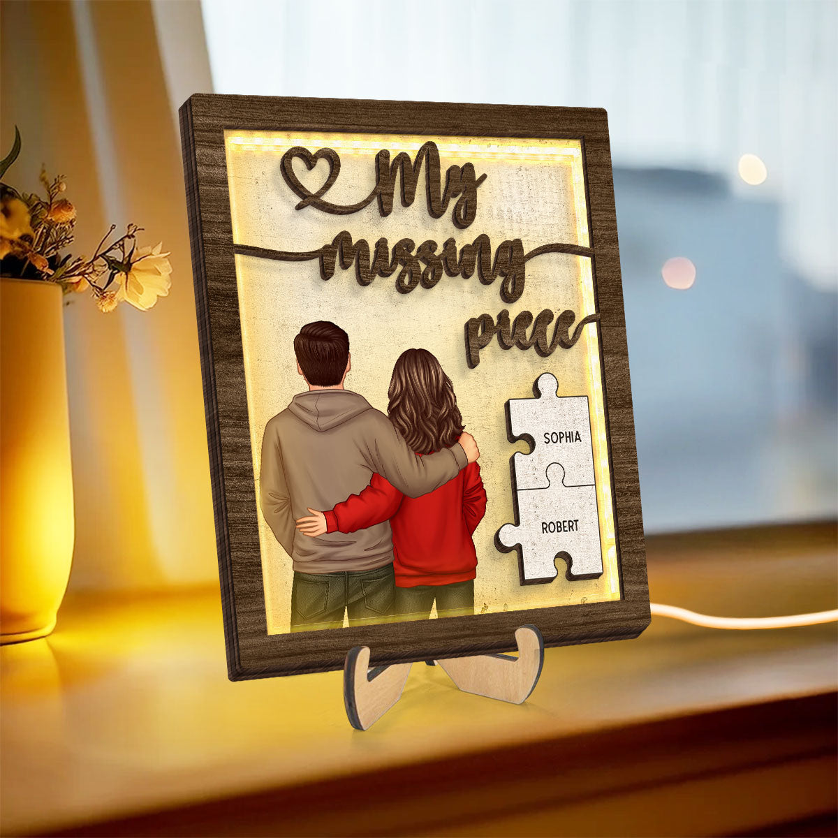 My Missing Piece Back View Couple Personalized 2-Layered Wooden Plaque with LED, Heartfelt Birthday, Anniversary Gift for him, for her