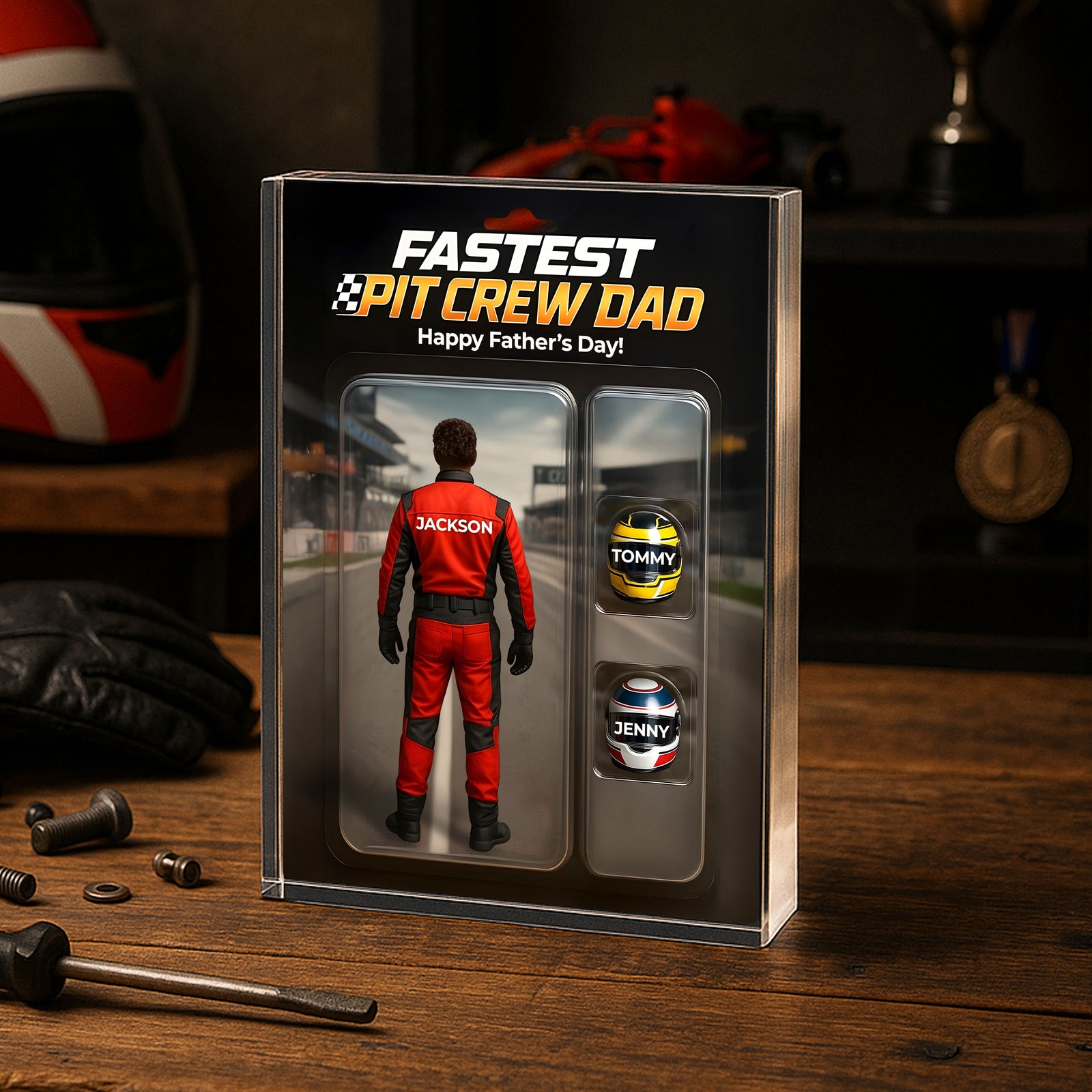 Fastest Pit Crew Dad With Kids' Names Custom Figure Personalized Acrylic Block Plaque, Unique Father's Day Gift For Him, For Motorsport Lover, Racing Dad