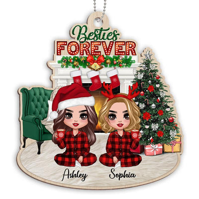 Christmas Doll Besties Sitting At Fireplace Personalized Wooden Ornament
