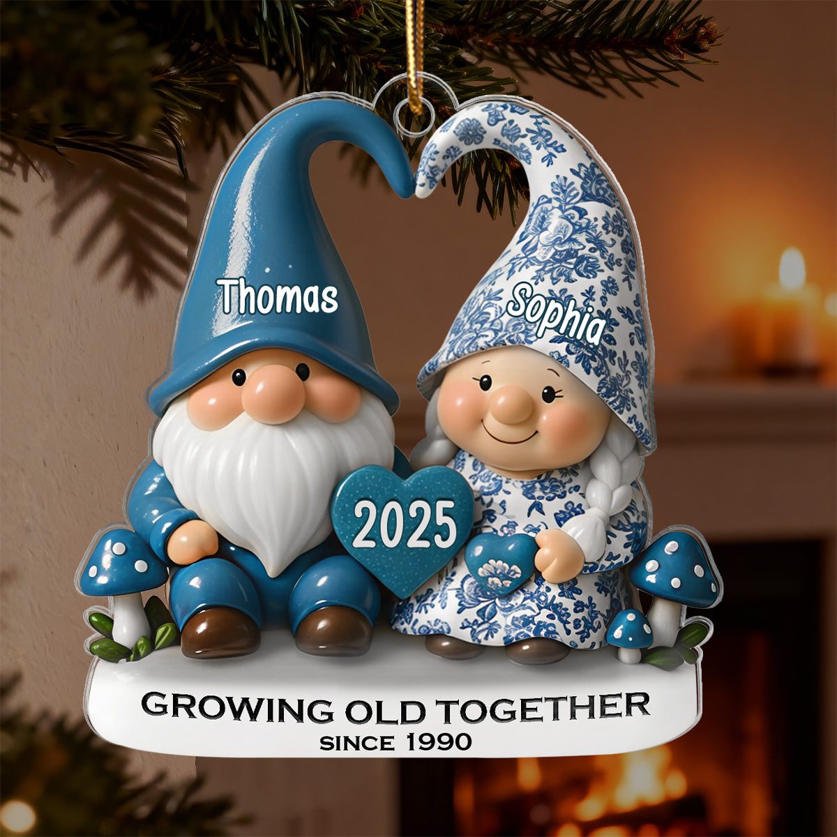 3D Effect Vintage Toile De Jouy Pattern Gnome Couple - Personalized Acrylic Ornament