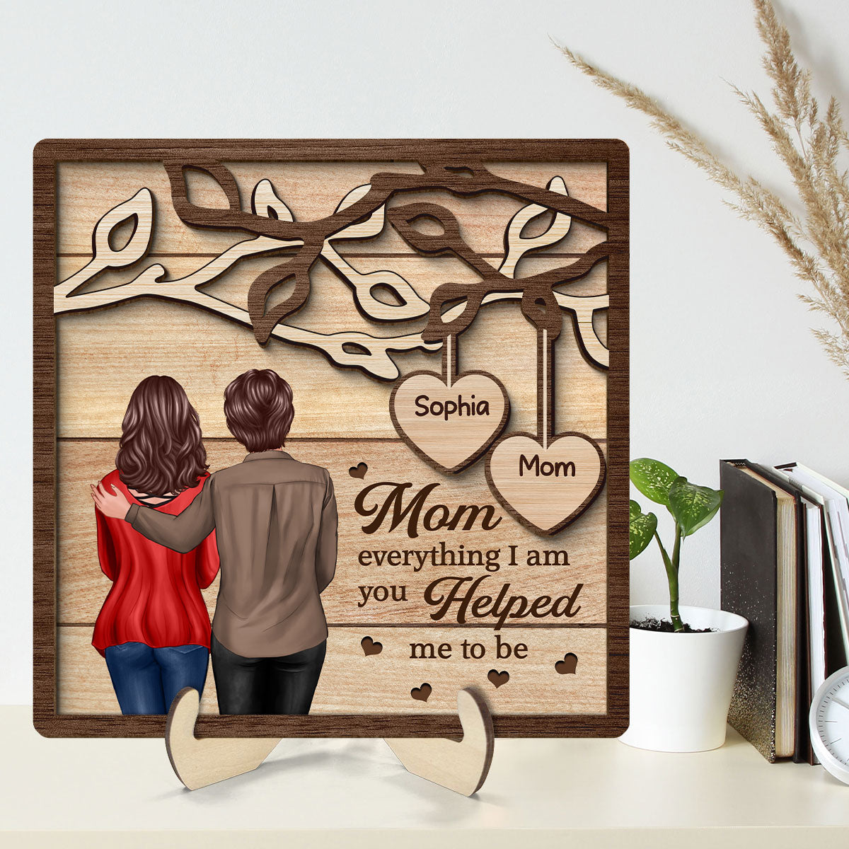 Back View Mom Daughter Son Under Tree Gift For Mom Personalized 2-Layer Wooden Plaque